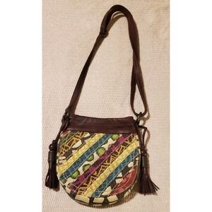 Vtg Fossil Bobo Drawstring Crossbody Bag Purse Patchwork Canvas Leather Trim Y2K